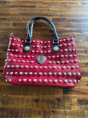 Studded Two-Tone Croc-Embossed Satchel Purse - Red & Black